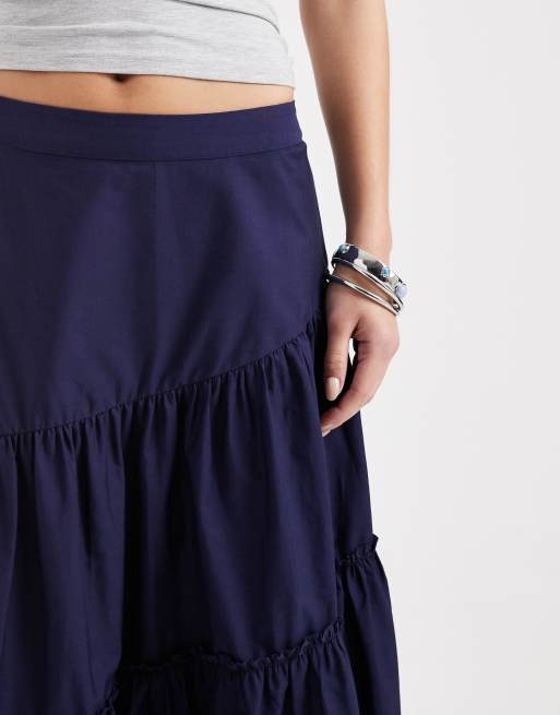 ASOS DESIGN asymmetric tiered boho maxi skirt in navy, 4 of 5