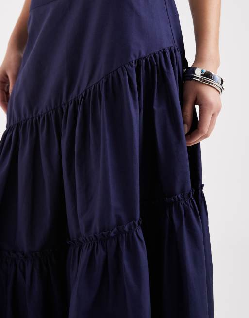 ASOS DESIGN asymmetric tiered boho maxi skirt in navy, 5 of 5