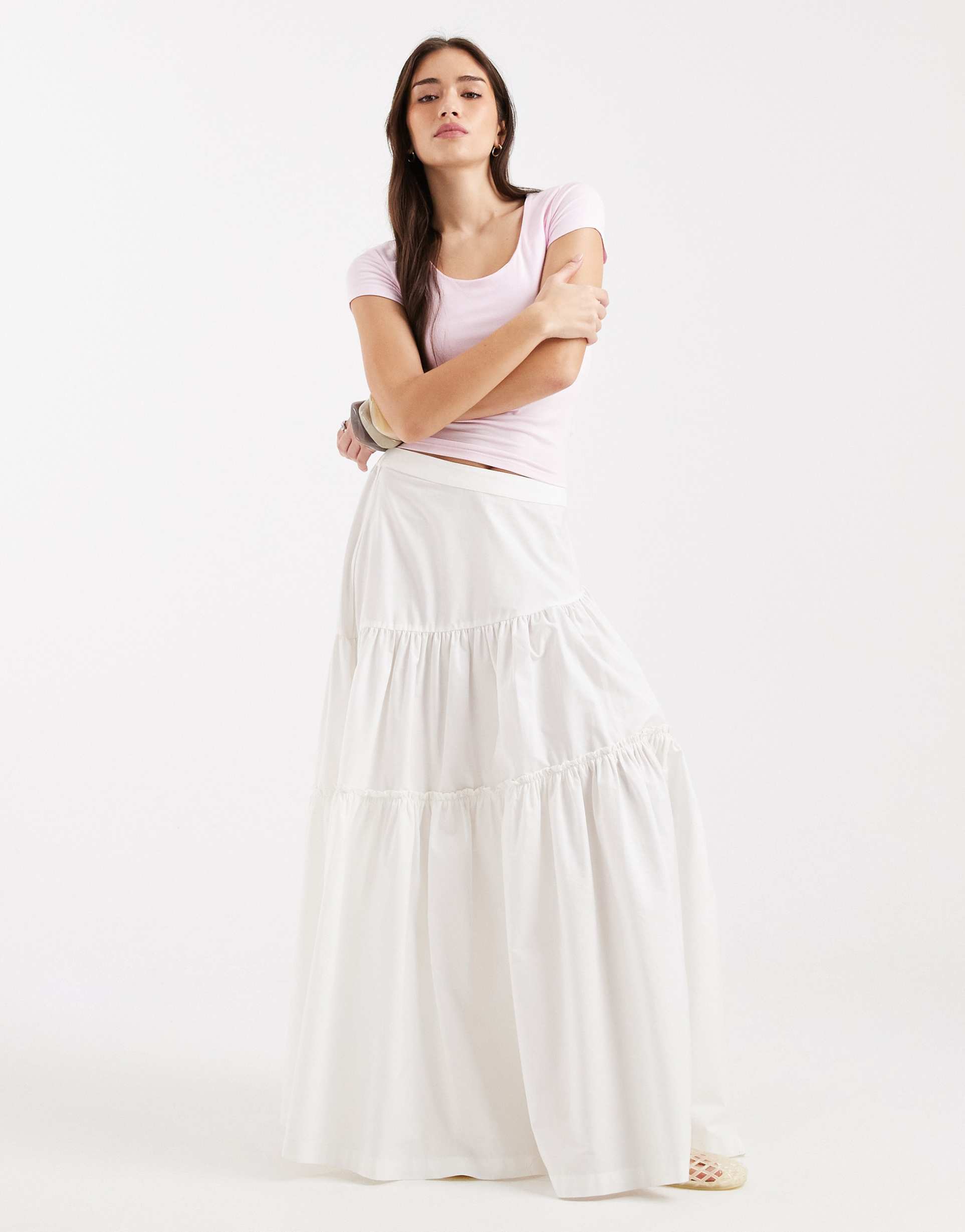 asos design asymmetric tiered boho maxi skirt in white