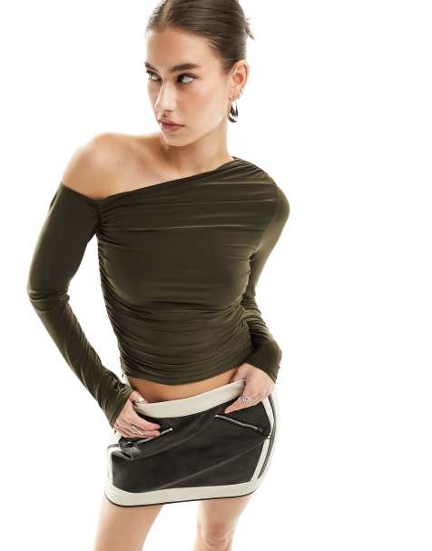 ASOS DESIGN asymmetric top in khaki - view 1