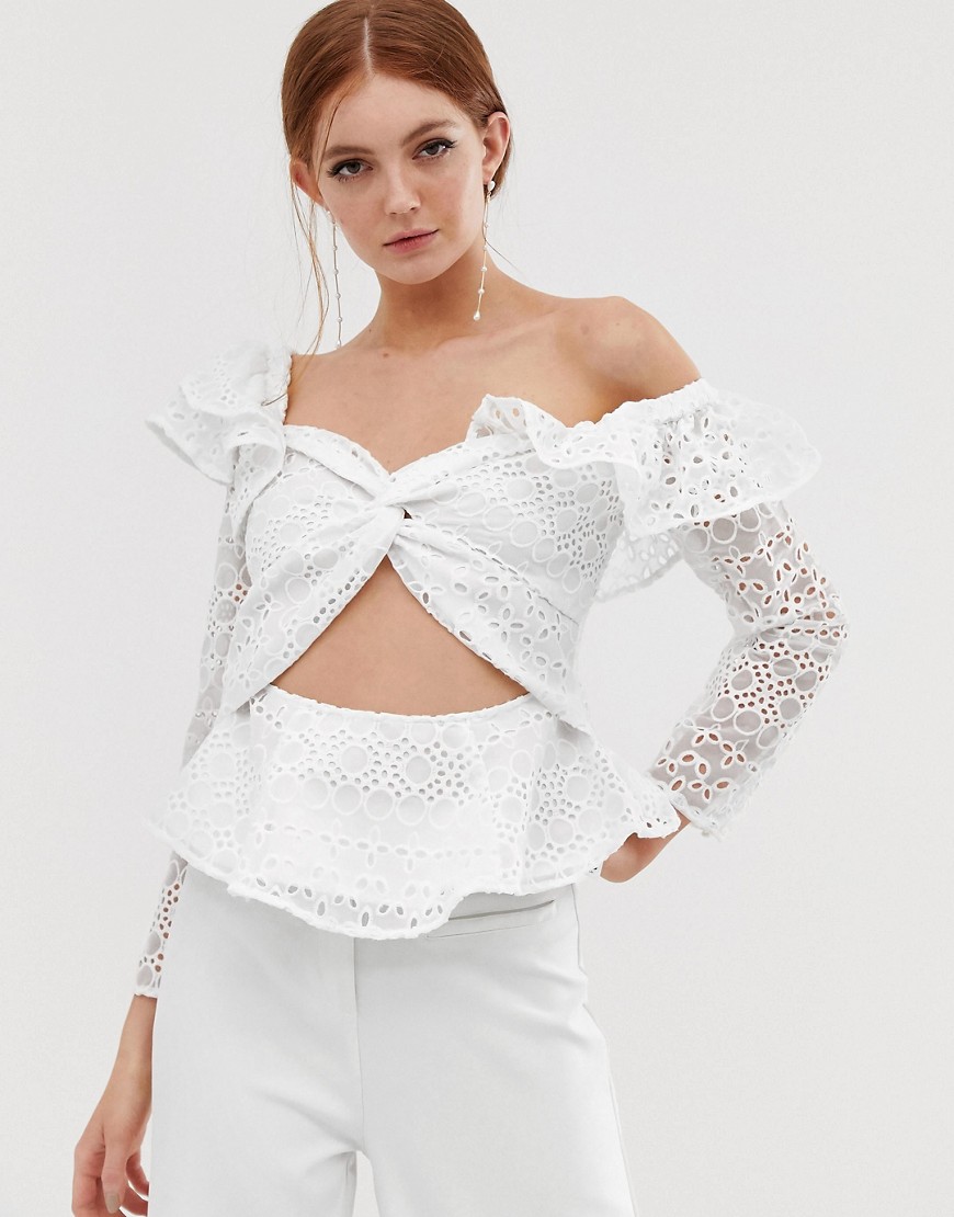 ASOS DESIGN asymmetric top in structured broderie-White