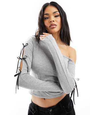 ASOS DESIGN asymmetric top with bow detail in grey marl | ASOS