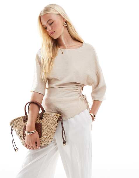 ASOS DESIGN asymmetric top with cut out side detail in stone - view 1