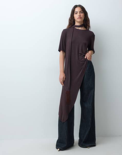 ASOS DESIGN asymmetric top with fringe scarf in chocolate - view 1