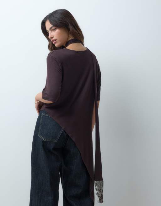 ASOS DESIGN asymmetric top with fringe scarf in chocolate, 3 of 5