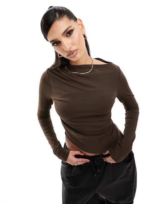 ASOS DESIGN asymmetric top with grown-on neck in chocolate