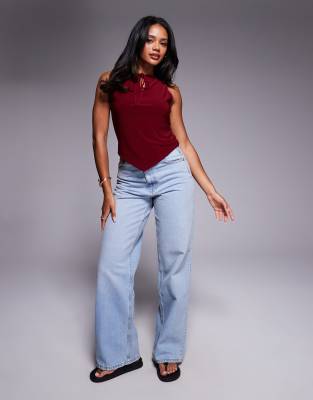 Asos Design Asymmetric Top With Keyhole Detail In Brown
