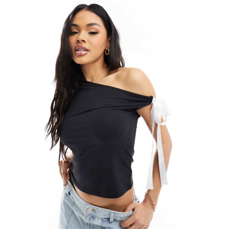 ASOS DESIGN asymmetric top with ribbon tie in black