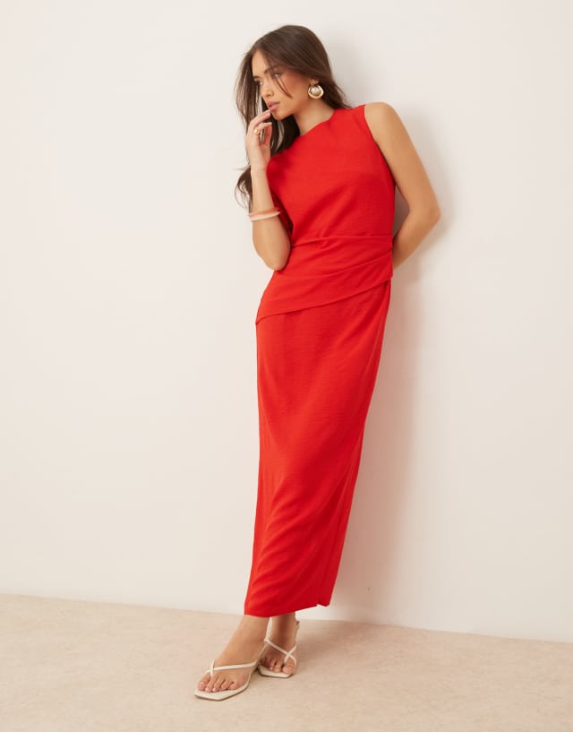 ASOS Design asymmetric twist back midi dress in mocha-Brown
