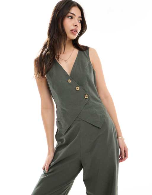 ASOS DESIGN asymmetric vest 2 in 1 jumpsuit in khaki, 2 of 4