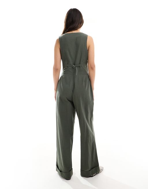 ASOS DESIGN asymmetric vest 2 in 1 jumpsuit in khaki, 4 of 4