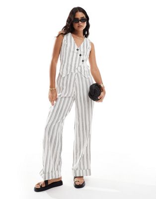 Asos Design Asymmetric Vest 2 In 1 Jumpsuit In White And Black Stripe-multi