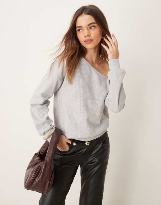 ASOS DESIGN asymmetric waffle long sleeve top in gray