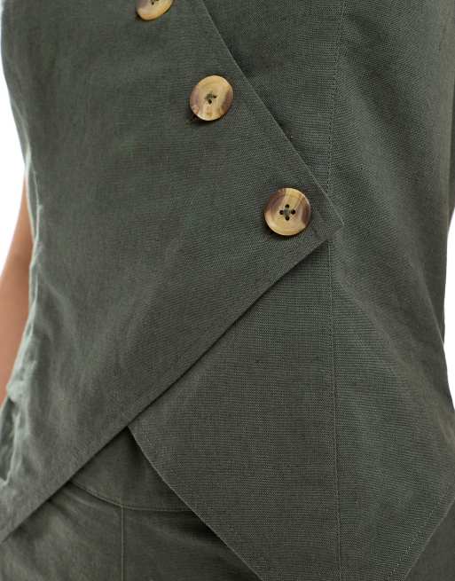 ASOS DESIGN asymmetric waistcoat 2 in 1 jumpsuit in khaki, 3 of 4