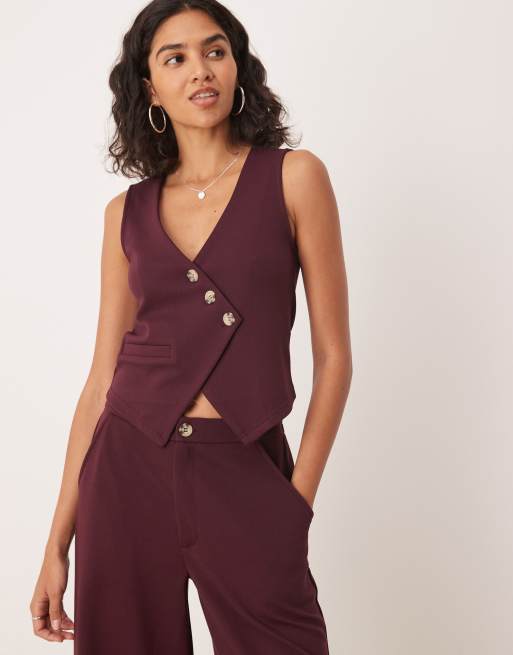 ASOS DESIGN asymmetric waistcoat top in burgundy (part of a set)
