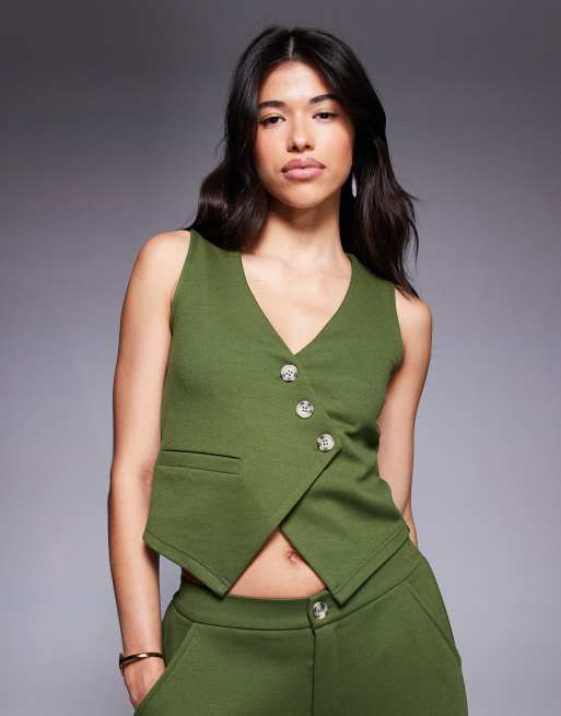 ASOS DESIGN asymmetric waistcoat top in olive green (Part of a set)