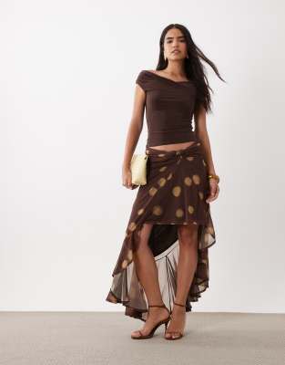 Asos Design Asymmetric Wrap Around Printed Sarong Skirt In Brown
