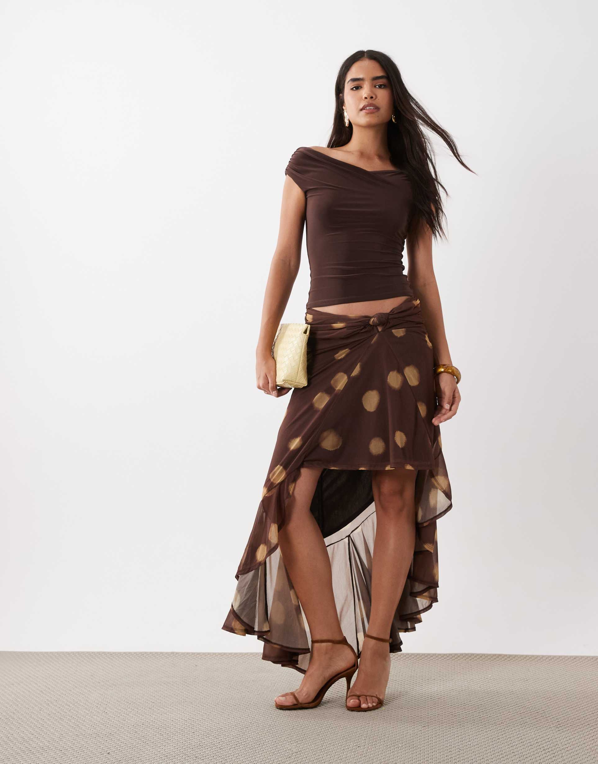 asos design asymmetric wrap around printed sarong skirt in brown polka dots