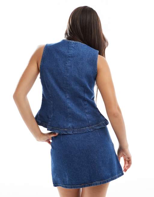 ASOS DESIGN asymmetric wrap front denim micro mini skirt with gold buttons in mid blue - part of a set, 3 of 5
