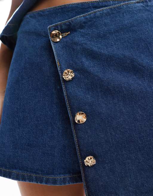 ASOS DESIGN asymmetric wrap front denim micro mini skirt with gold buttons in mid blue - part of a set, 4 of 5