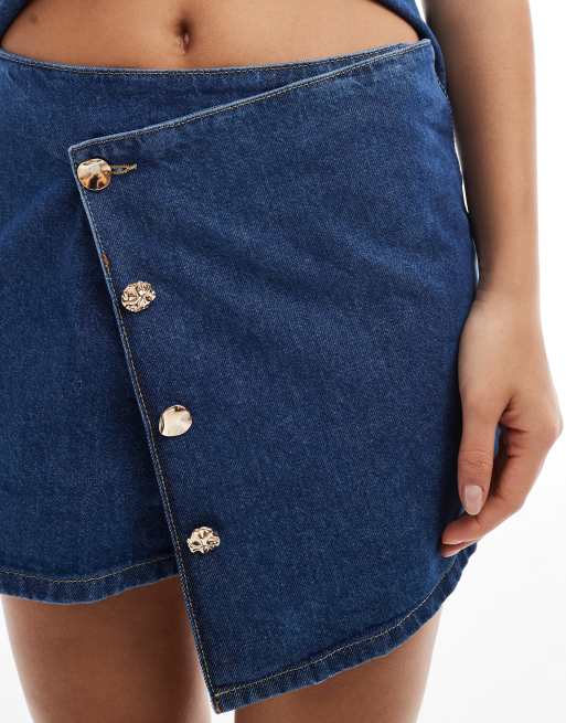 ASOS DESIGN asymmetric wrap front denim micro mini skirt with gold buttons in mid blue - part of a set, 5 of 5