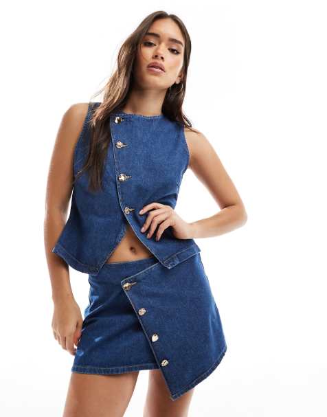 ASOS DESIGN asymmetric wrap front denim micro skirt with gold buttons in mid blue (part of a set) - view 1