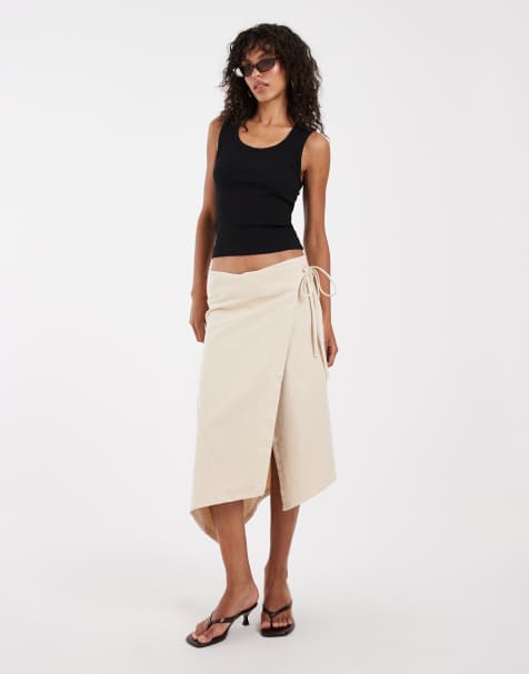 ASOS DESIGN asymmetric wrap skirt in beige - view 1