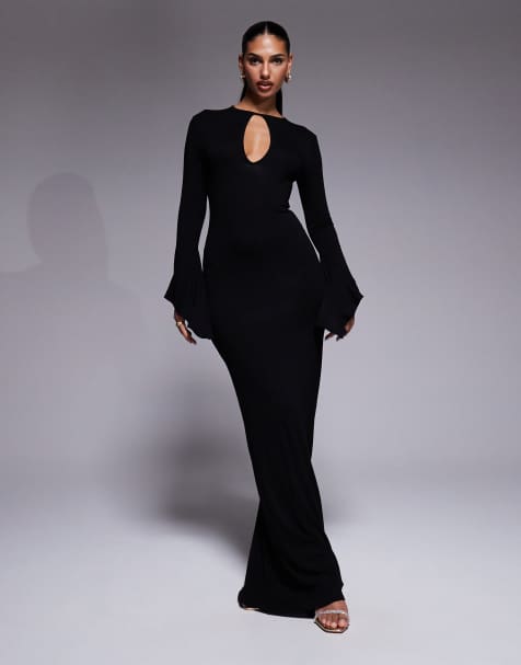 ASOS DESIGN asymmetrical angel sleeve maxi dress in black