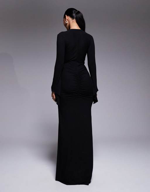 ASOS DESIGN asymmetrical angel sleeve maxi dress in black, 3 of 4