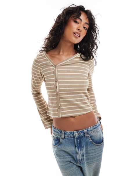 ASOS DESIGN asymmetrical button through top in brown stripe - view 1