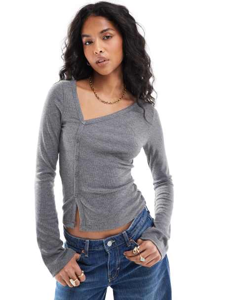 ASOS DESIGN asymmetrical button through top in dark grey - view 1