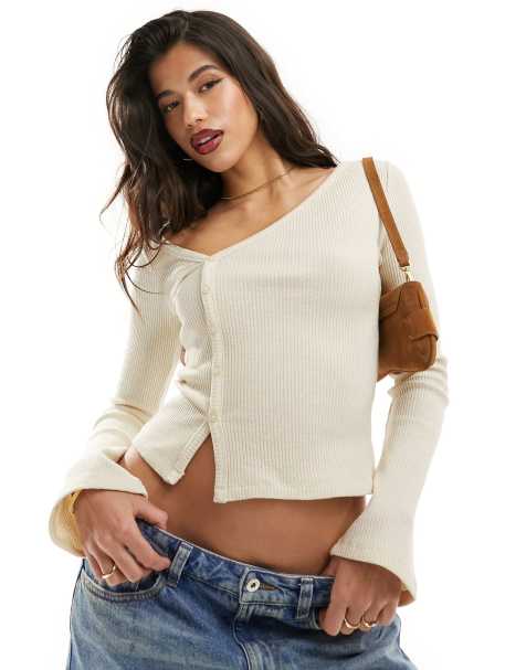 Womens Ribbed Crop Tops Ladies Low Cut V-Neck Slim Fit Shirts Blouse Long  Sleeve