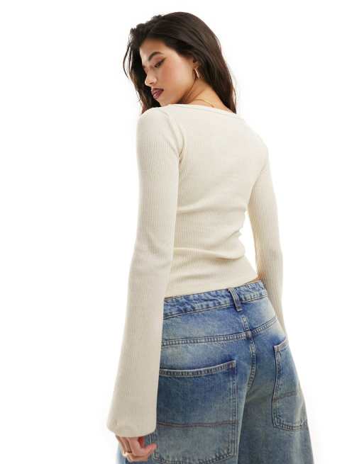 ASOS DESIGN asymmetrical button through top in oatmeal, 3 of 4