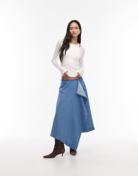 ASOS DESIGN asymmetrical hem soft denim skirt in mid blue - view 1