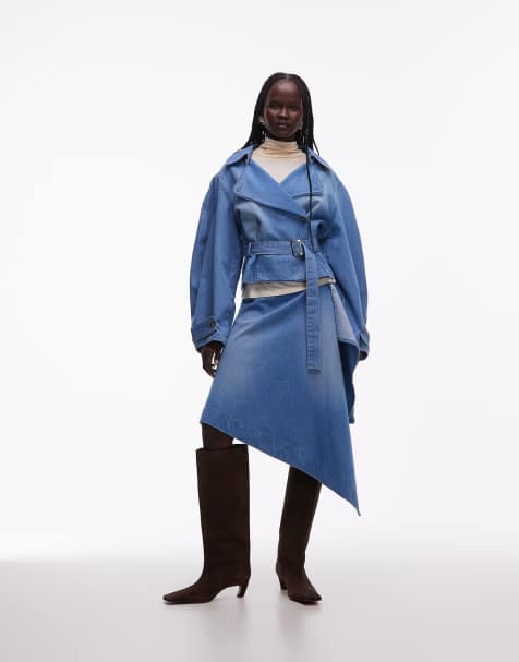 ASOS DESIGN asymmetrical hem soft denim skirt in mid blue