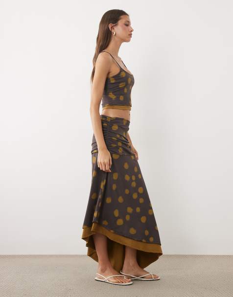 ASOS DESIGN asymmetrical midi skirt in brown polka dot print - part of a set - view 1