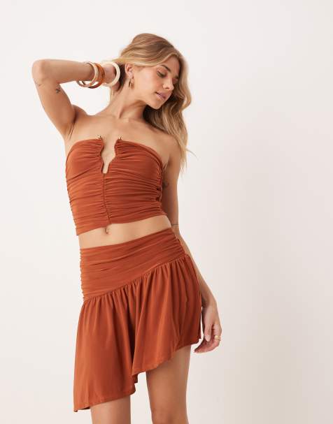 ASOS DESIGN asymmetrical ruched mini skirt in orange (part of a set) - view 1