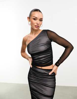 Asos Design Asymmetrical Ruched Top With Mesh Overlay In Black And Grey-Multi