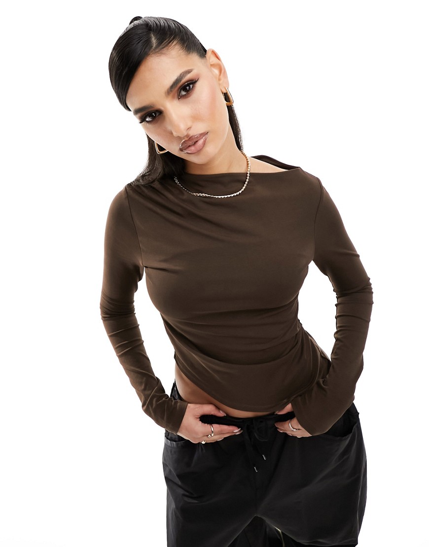 ASOS DESIGN asymmetrical top with grown on neck in chocolate-Brown