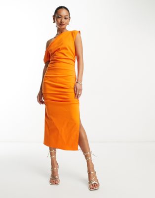 ASOS DESIGN - Asymmetrisch drapiertes Bengaline-Midikleid in leuchtendem Orange