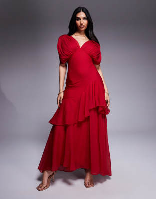 ASOS DESIGN - Asymmetrisch geschnittenes Maxikleid in Rot mit Rüschen und Ballondesign