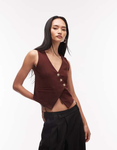 ASOS DESIGN – Asymmetrisch geschnittenes Westen-Top aus Jersey-Twill in Schokobraun - view 1