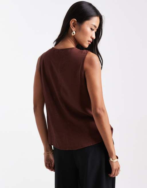 ASOS DESIGN - Asymmetrisch gilet met linnenlook en knopen in chocoladebruin, 4 van 4
