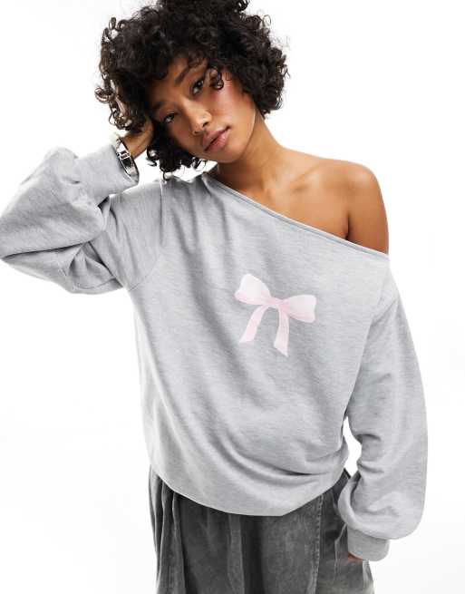 ASOS DESIGN - Asymmetrisch sweatshirt met grafische strikprint in gemêleerd grijs