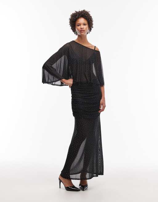 ASOS DESIGN - Co-ord set van doorschijnend mesh met cape top met hotfix en rok in zwart, 2 van 3