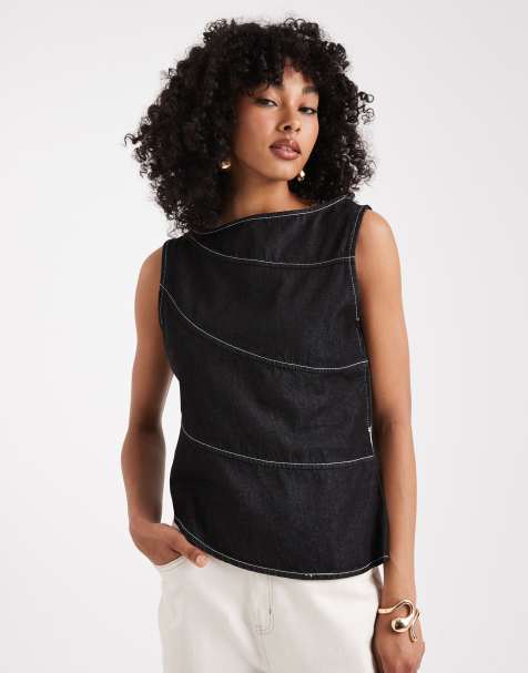 ASOS DESIGN - Asymmetrische denim top met zichtbare naden in zwart/ecru - view 1