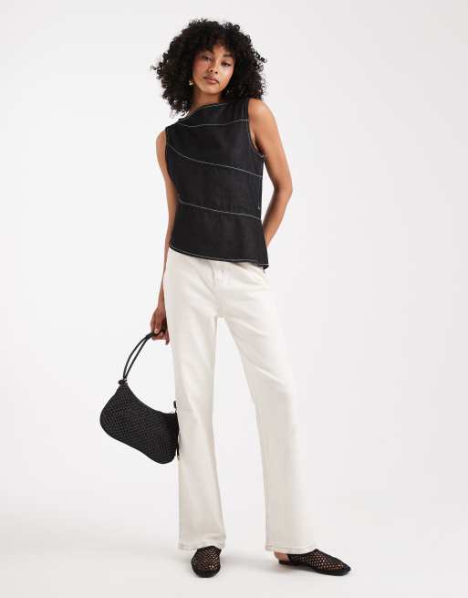 ASOS DESIGN - Asymmetrische denim top met zichtbare naden in zwart/ecru, 4 van 4
