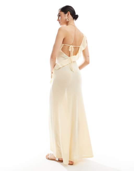 ASOS DESIGN - Asymmetrische gebreide maxi-jurk met ruches in lichtgeel, 2 van 4