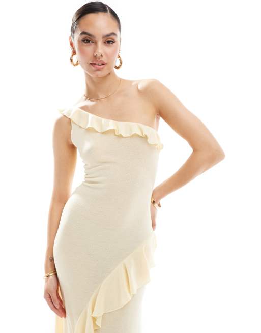 ASOS DESIGN - Asymmetrische gebreide maxi-jurk met ruches in lichtgeel, 3 van 4