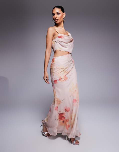 ASOS DESIGN - Asymmetrische gedrapeerde maxi jurk met uitsnijding in zachtroze bloemenprint - view 1